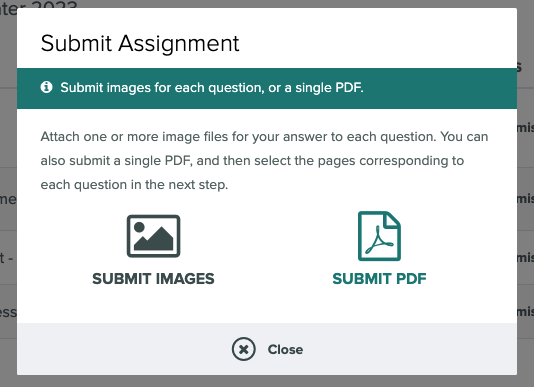 Screenshot showing option to Submit a PDF file on a Gradescope assignment