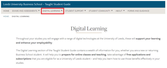 Screengrab of Digital Learning homepage