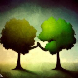 AI generated image of two trees with their branches reaching as if they were holding hands
