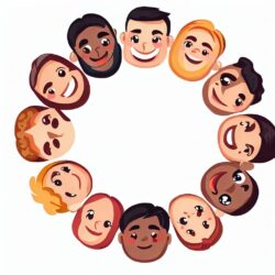 Cartoon image of students from different backgrounds smiling in a circle
