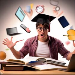 Digital art image of a student surrounded by competing demands