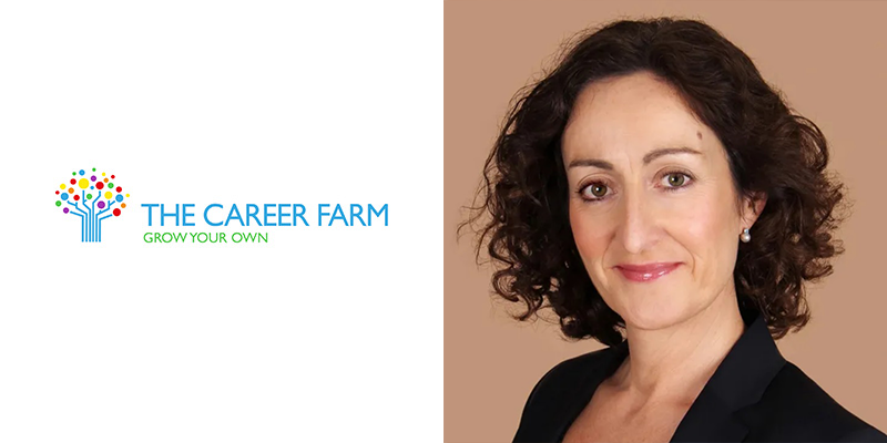 The Career Farm logo, which depicts branches of lines and circular nodes intended to represent both a stylistic tree and a connected network. Alongside this is the profile picture of the speaker, Fiona McDonnell, a smiling woman in professional dress.