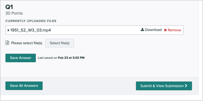 Screenshot of the Gradescope interface after submitting, showing the submit & view submission button.