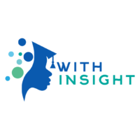 Logo for With Inisght Mentor recruitment. It shows a stylised profile silhouette of a graduate surrounded by abstract balls representing thought