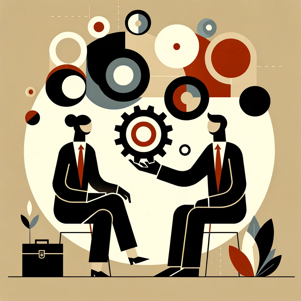 Abstract image in the DEE cartoon art style, with a muted palette. Depicts a man and a woman in business attire surrounded by icons representing ideas and actions, such as a large cog wheel.