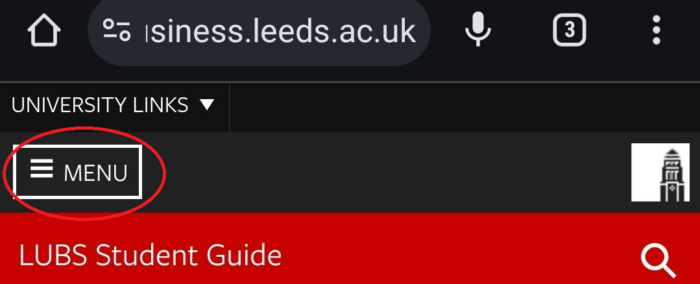 screenshot of the Student Guide main menu button on a mobile device