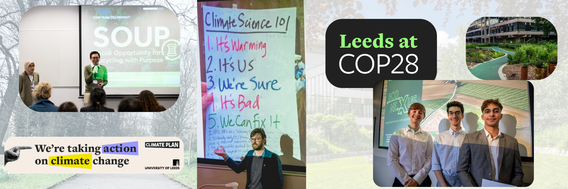 collage of images from different LUBS climate related events against a background of trees on campus