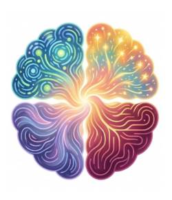 Abstract AI image of a brain with four sections, lighting up with different colours