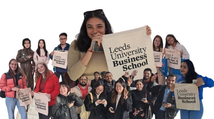 collage of students from 2025 holding their LUBS Welcome merch