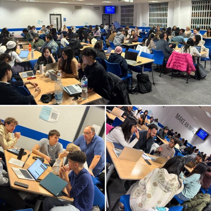 Collage of students working in teams on a previous entrepreneurship challenge at LUBS