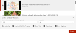 Blackboard assignment submission editor with the Embed media option selected from the content insertion menu.