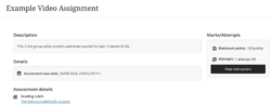 Blackboard assignment page for a video submission, showing the assignment description, due date, marks available, and remaining submission attempts.