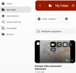 Panopto content library showing a video in My Folder with the edit option selected from the video thumbnail.