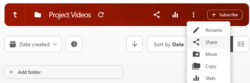 Panopto folder view with the folder options menu open and the Share option highlighted.
