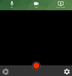 Panopto Capture recording interface showing audio, video and screen-sharing controls, with a red record button centred at the bottom.